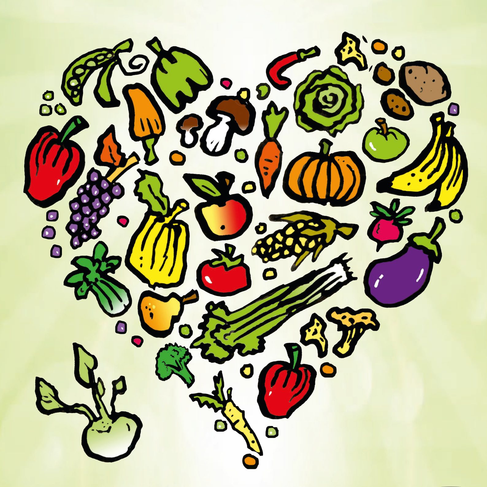 Herz aus gezeichnetem Obst und Gemüse